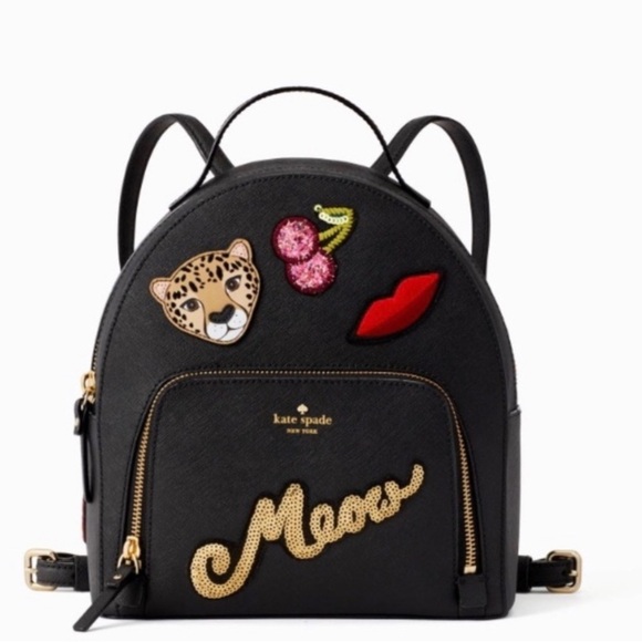 NEW! Kate Spade Run Wild Leopard Tomi Leather Backpack Sequin Black - Picture 2 of 12